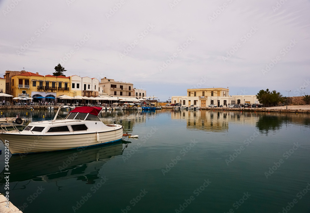 RETHYMNO, THE CRETE ISLAND, GREECE - MAY 30, 2019: The view at the seaharbour of Rethymno.