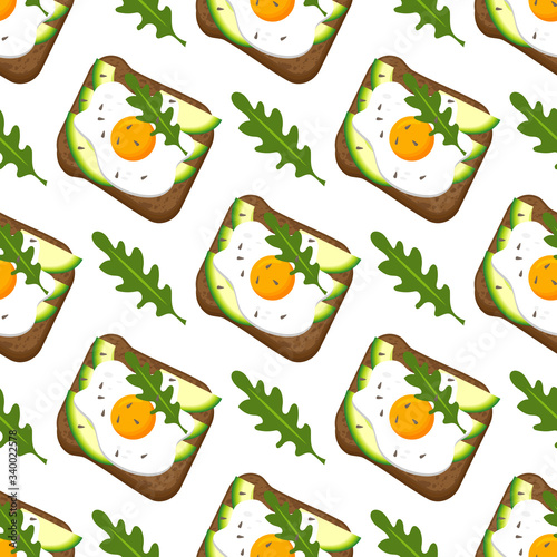 Seamless pattern toast with avocado, lettuce, fried egg, sesame seeds, isolated on white background. Vector flat illustration.