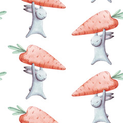 Wandcirkels Aquarel prints patronen Cute seamless pattern watercolor cartoon bunny with vegetable carrot. Summer illustration. For baby textile, fabric, print and wallpaper.  © BloomPix