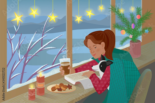 Cute girl with dog reads the book and drinks the coffee seating next to the window. There is a winter snowing landscape with mountains and tree outside the window. Illustration with texture.