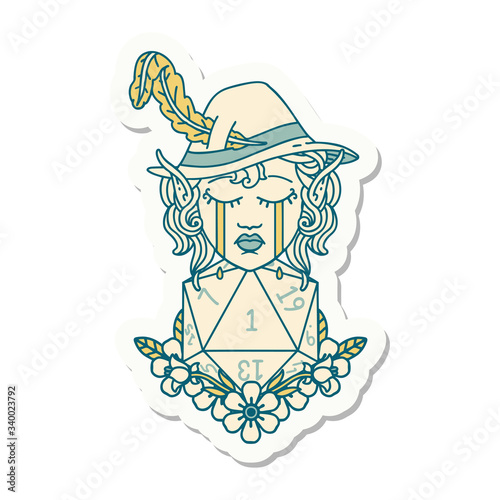 crying elf bard character with natural one D20 roll sticker