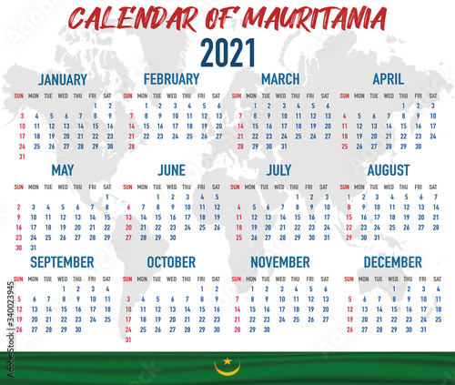 Mauritania Calendar with flag. Month, day, week. Simply flat design. Vector illustration background for desktop, business, reminder, planner