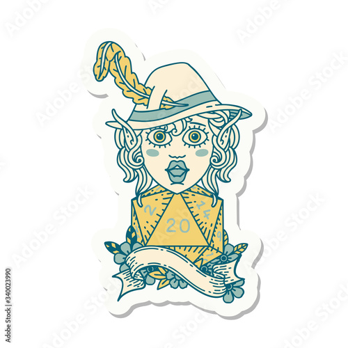 elf bard with natural twenty dice roll sticker