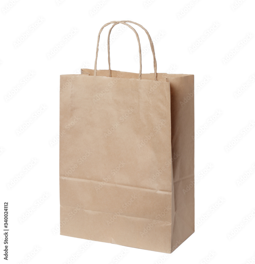 Eco-friendly paper bag made of recycled paper, isolate white background. Space for text or logo Eco-friendly paper bag made of recycled paper, isolate white background. Space for text or logo