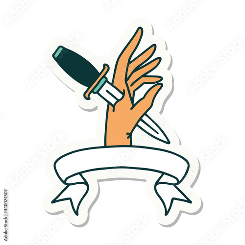 tattoo sticker with banner of a dagger in the hand