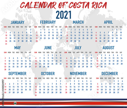 Costa Rica Calendar with flag. Month, day, week. Simply flat design. Vector illustration background for desktop, business, reminder, planner