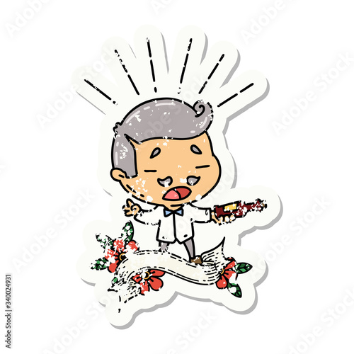 grunge sticker of tattoo style man serving wine