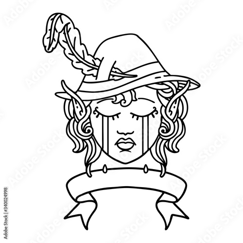 crying elf bard character face with banner illustration