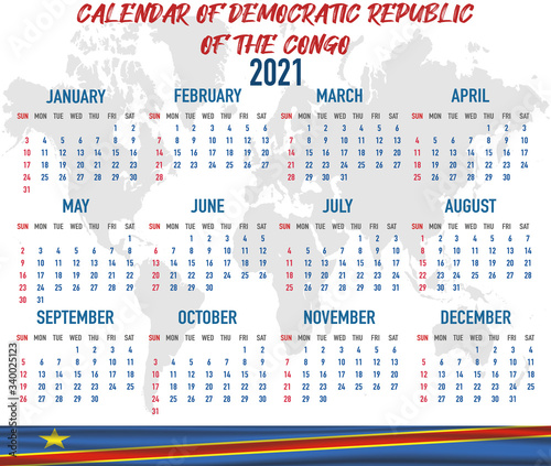 Democratic Republic of the Congo Calendar with flag. Month, day, week. Simply flat design. Vector illustration background for desktop, business, reminder, planner