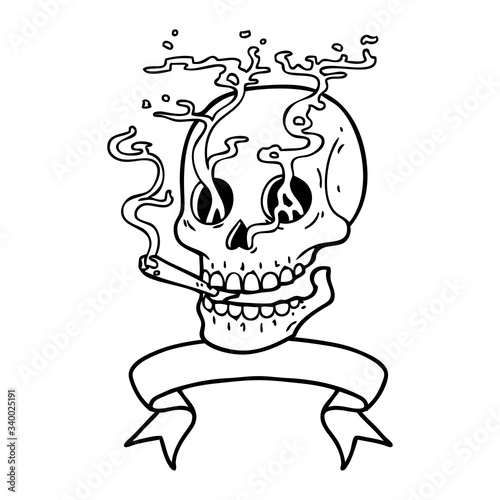 black linework tattoo with banner of a skull smoking