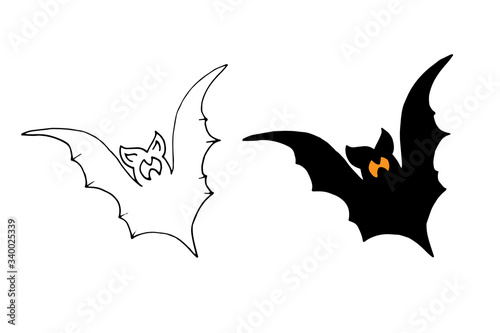 Black bat isolated on white background. Vector Illustration. Halloween bat. 