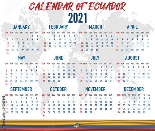 Ecuador Calendar with flag. Month, day, week. Simply flat design. Vector illustration background for desktop, business, reminder, planner
