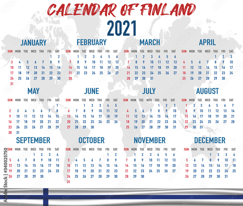 Finland Calendar with flag. Month, day, week. Simply flat design. Vector illustration background for desktop, business, reminder, planner