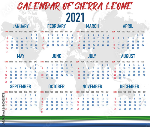 Sierra Leone Calendar with flag. Month, day, week. Simply flat design. Vector illustration background for desktop, business, reminder, planner