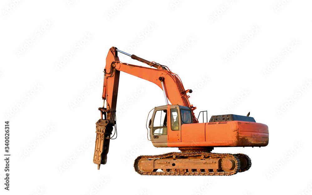 Excavator with hydraulic hammer isolated on white background. Isolation of  Backhoe for the destruction of concrete and hard rock. Hydraulic breaker  excavator attachments. Rock breaker Machine Stock-Foto | Adobe Stock