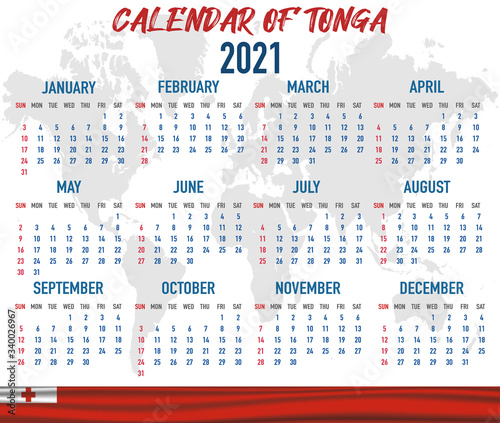 Tonga Calendar with flag. Month, day, week. Simply flat design. Vector illustration background for desktop, business, reminder, planner