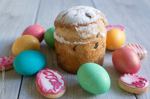 Easter colored eggs, traditional Easter cake and other treats for the holiday.