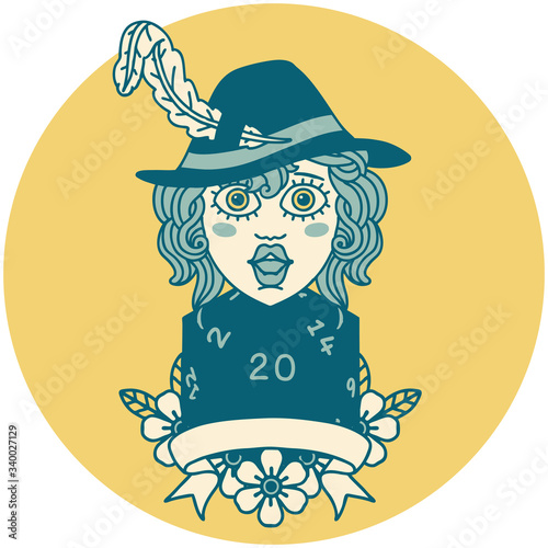 human bard character with natural 20 dice roll illustration