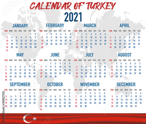 Turkey Calendar with flag. Month, day, week. Simply flat design. Vector illustration background for desktop, business, reminder, planner
