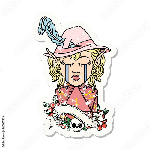 crying elf bard character face with natural one d20 dice roll grunge sticker