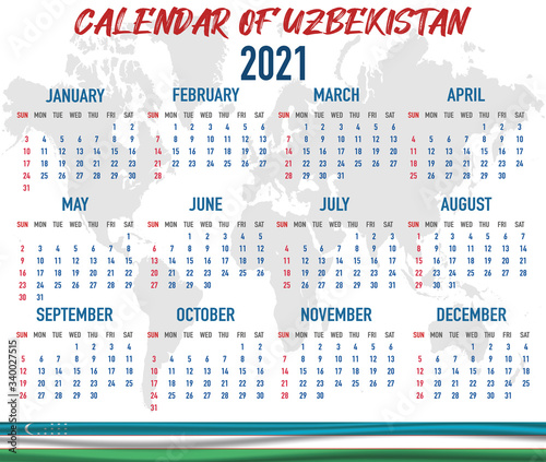 Uzbekistan Calendar with flag. Month, day, week. Simply flat design. Vector illustration background for desktop, business, reminder, planner