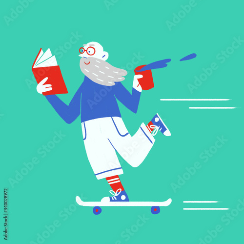 Illustration of old man reading book while skateboarding outdoors