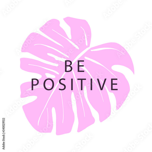 Bright illustration with monstera leaves and the inscription. It creates an atmosphere of warmth, comfort and recommends staying at home.