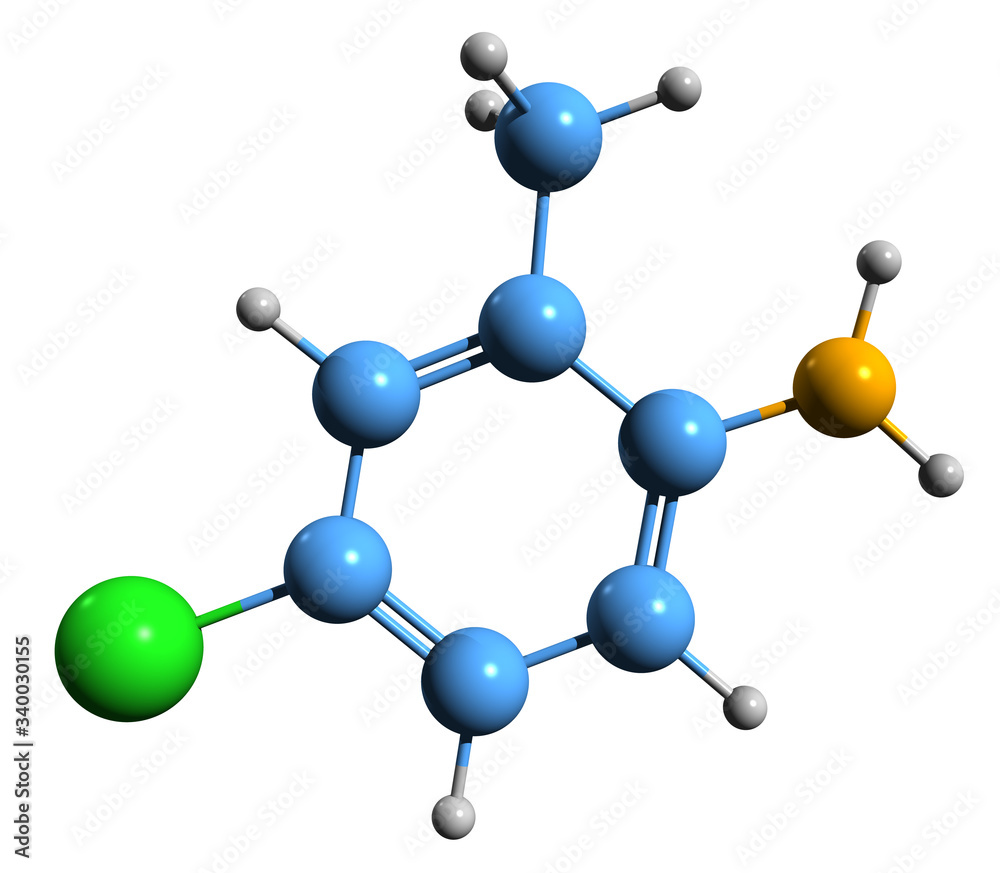 3D image of 4-Chloro-o-toluidine skeletal formula - molecular chemical structure of 4-COT isolated on white background
3D image of 4-Chloro-o-toluidine skeletal formula - molecular chemical structure of 4-COT isolated on white background
