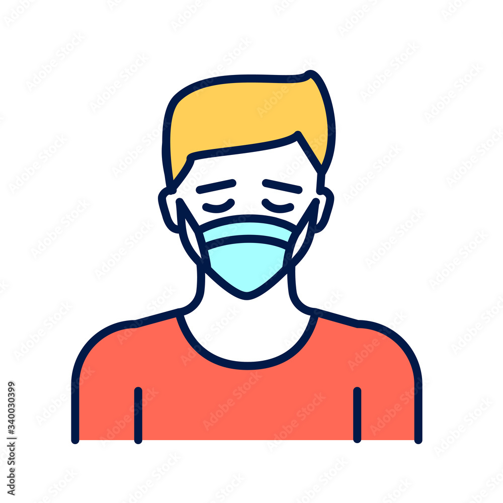 Man in breathing medical respiratory mask color line icon. Allergy. Flu, virus, epidemic prevention. Pictogram for web page, mobile app, promo. 