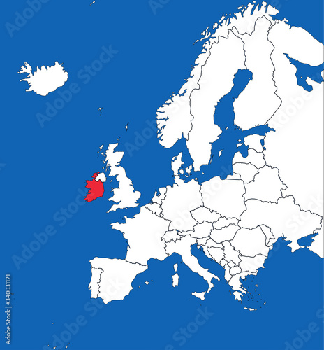 Ireland highlighted on european map. Blue sea background. Perfect for Business concepts, backgrounds, backdrop, sticker, chart, presentation and wallpaper.