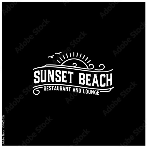 Sun Bird Sunset Island Beach Sea Ocean Wave Vintage Retro logo design 