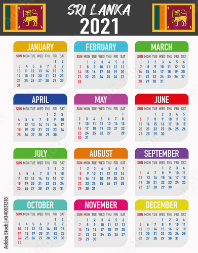 Sri Lanka Calendar with flag. Month  day  week. Simply flat design. Vector illustration background for desktop  business  reminder  planner