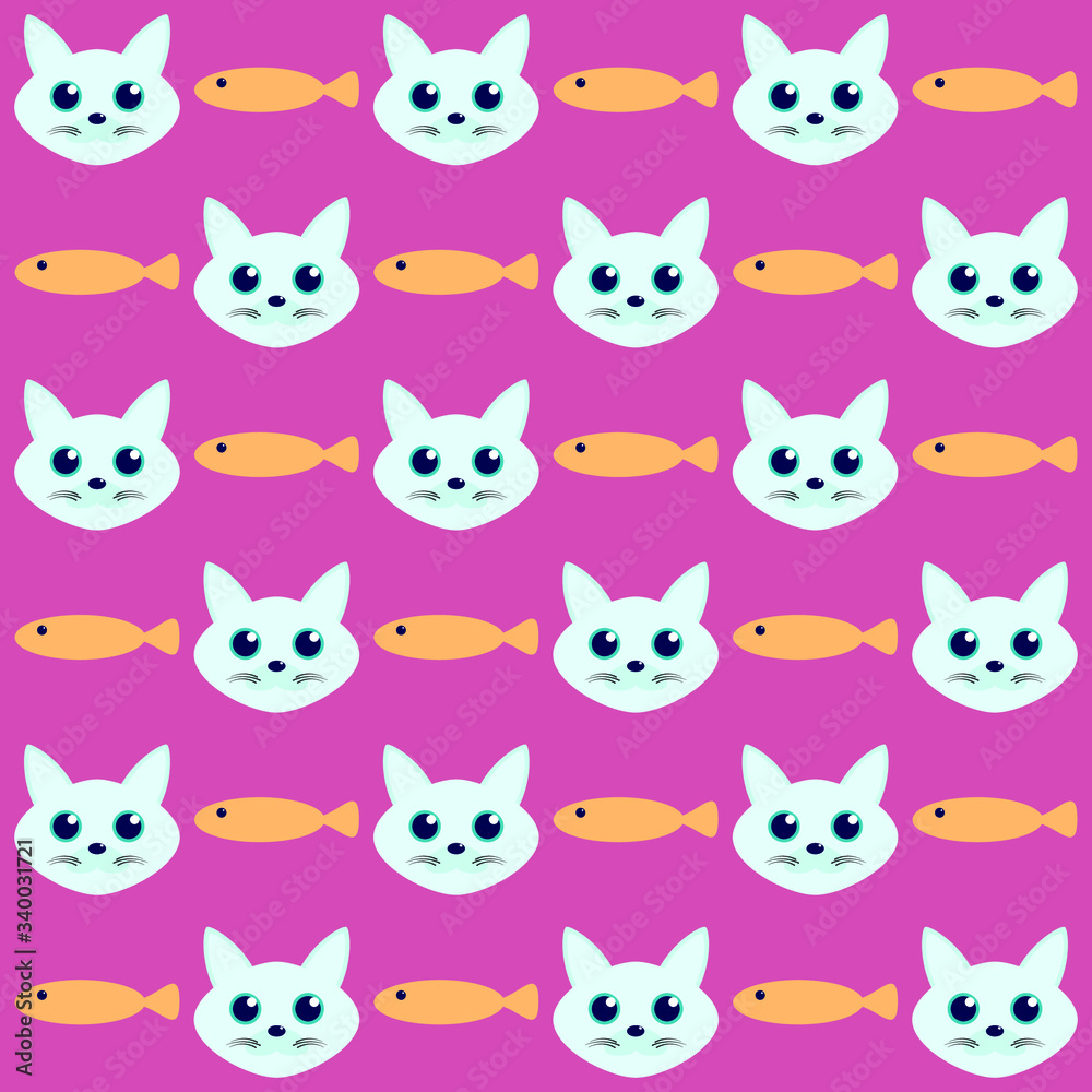 Cat and Fish Seamless Vector Pattern for Background and Set Cat and Fish Seamless Vector Pattern for Background and Set