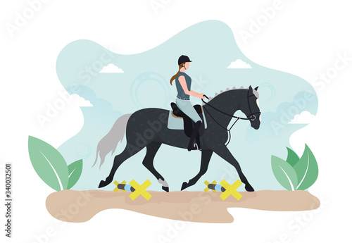 Lynx on the keys. Horse work on cavaletti and keys. Woman on a horse. Horse Rider
