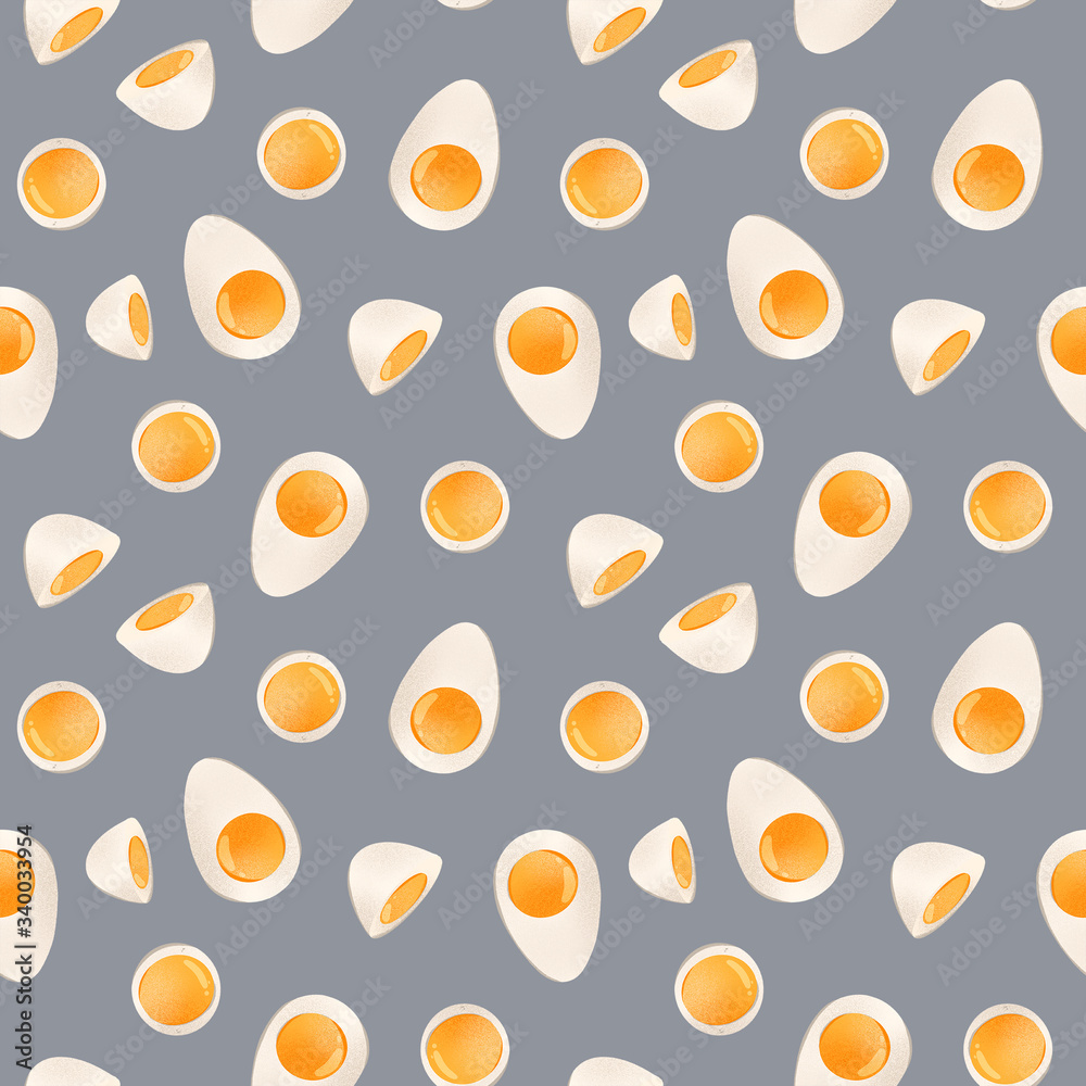 Bright seamless pattern half boiled egg. Digital art on a gray background. Print for textiles, wrapping paper, decoration, web, cards, banners, restaurants, kitchens.