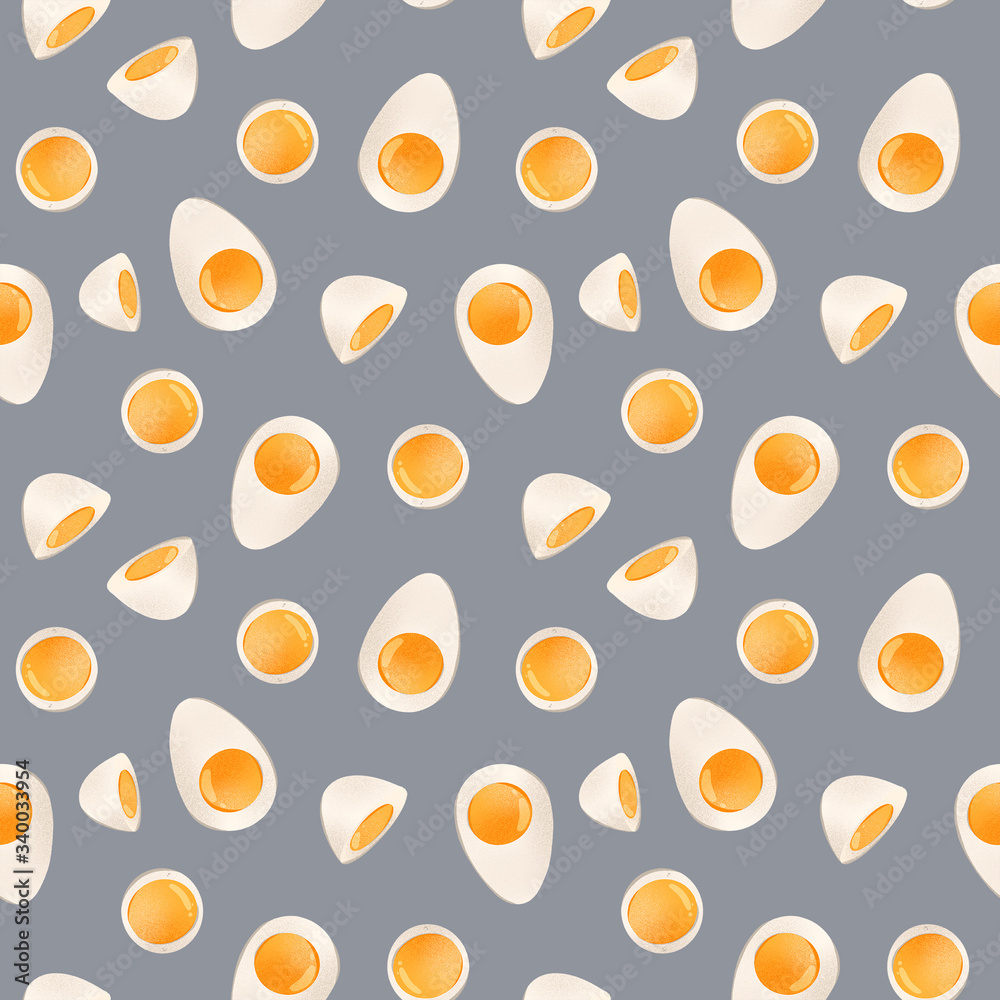 Bright seamless pattern half boiled egg. Digital art on a gray background. Print for textiles, wrapping paper, decoration, web, cards, banners, restaurants, kitchens. Bright seamless pattern half boiled egg. Digital art on a gray background. Print for textiles, wrapping paper, decoration, web, cards, banners, restaurants, kitchens.