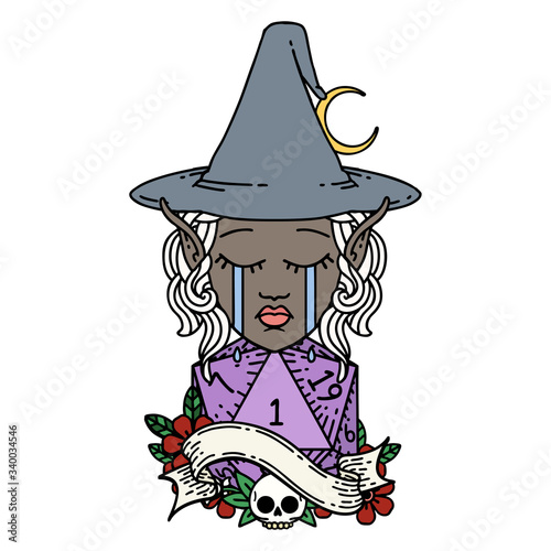 crying elf mage character face with natural one D20 roll illustration