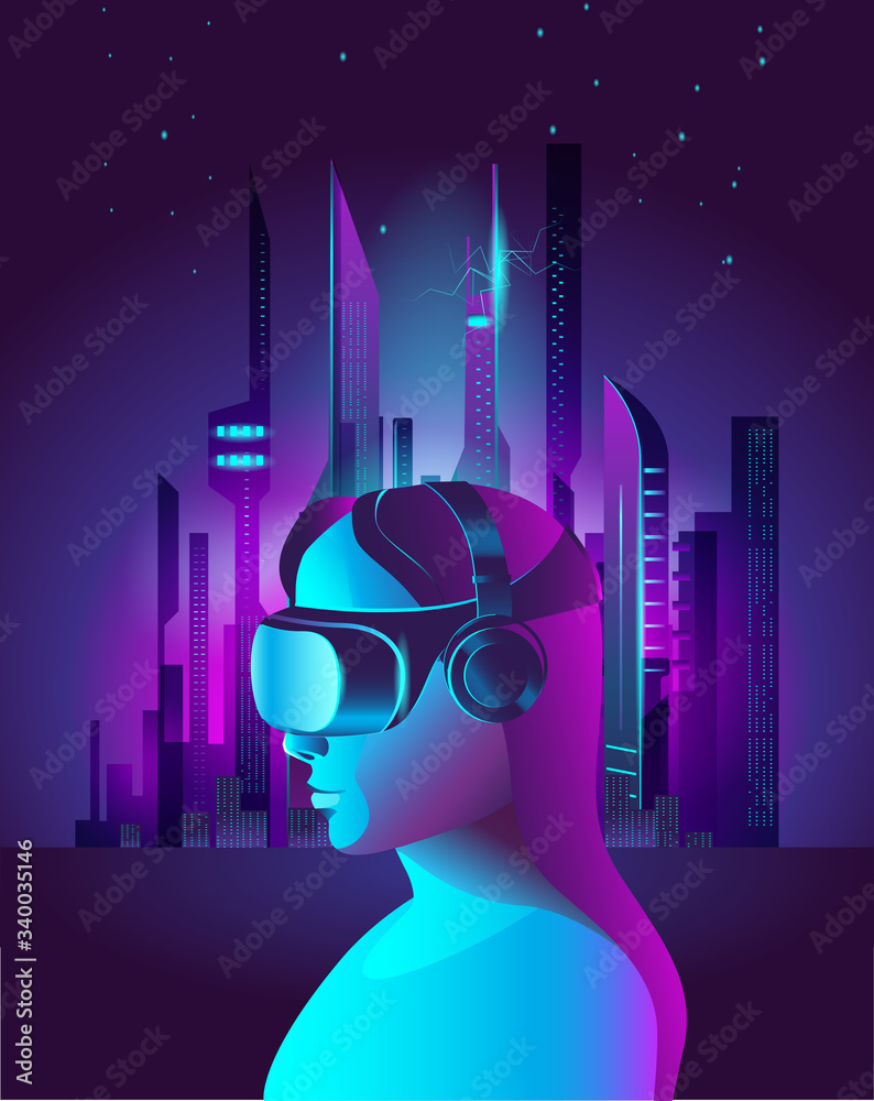 Φωτογραφία A girl in virtual reality glasses against the background of a fantastic city