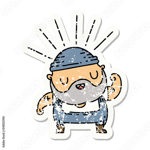 grunge sticker of tattoo style bearded man flexing bicep