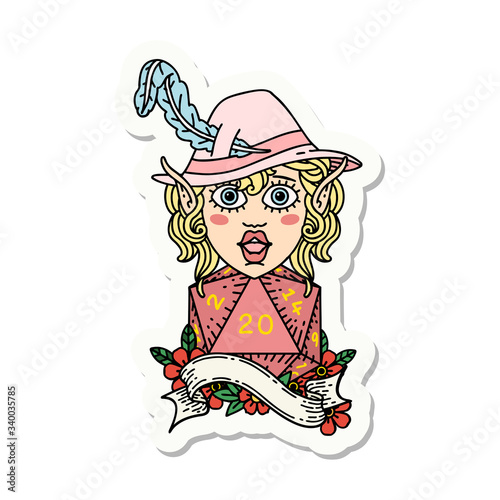 elf bard with natural twenty dice roll sticker