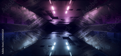 Neon Laser Schematic Motherboard Texture Blue Purple Laser Alien Spaceship Dark Night Showroom Parking Warehouse Tunnel Corridor Empty Space Background 3D Rendering