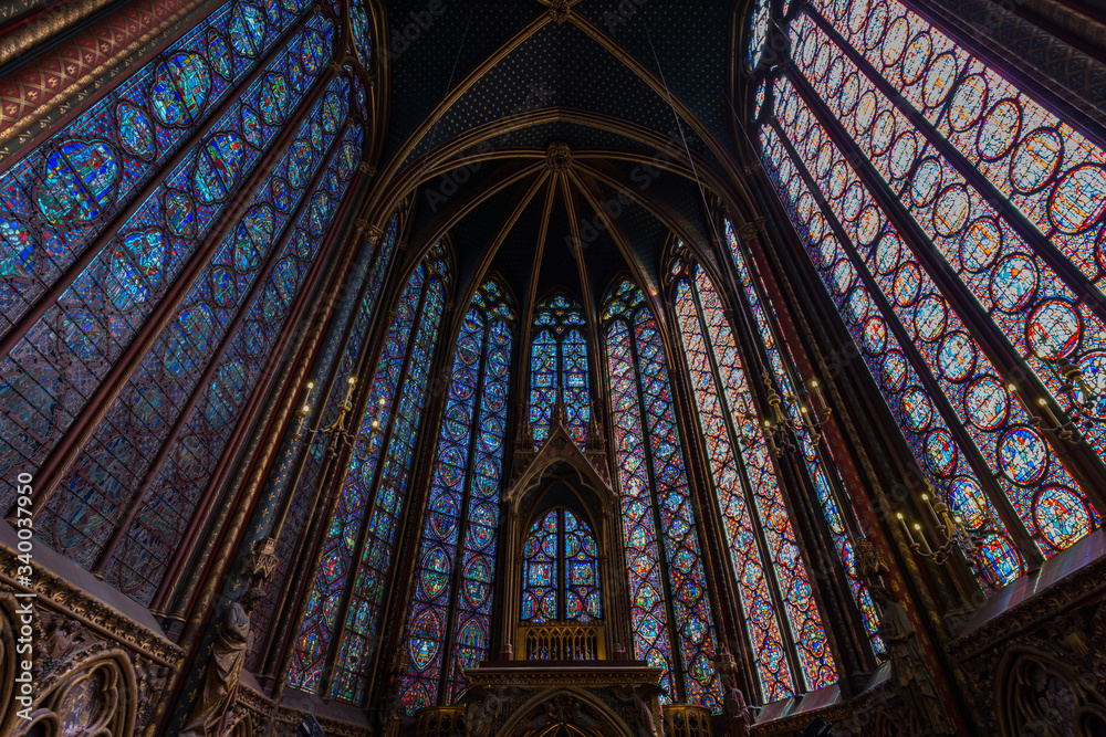 Paris, France - April 2014: Stained glass windows within the historic Saint Chapelle church
