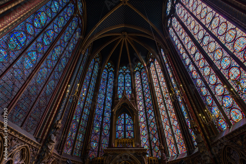 Paris, France - April 2014: Stained glass windows within the historic Saint Chapelle church