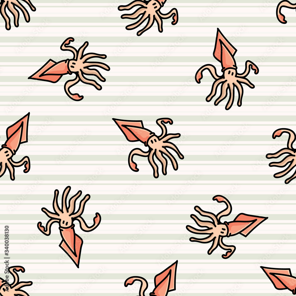 Foto Cute scattered squid cartoon seamless vector pattern