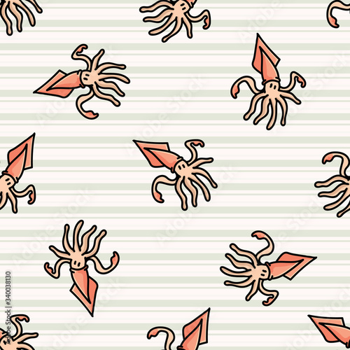 Quadro em tela Cute scattered squid cartoon seamless vector pattern