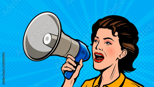 Woman shouting loudly into loudspeaker. Retro comic pop art vector illustration