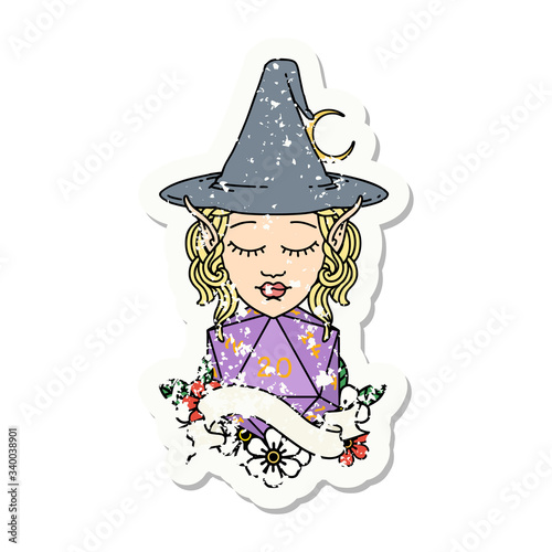 elf mage character with natural twenty dice roll grunge sticker