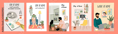 Stay at home. Young men and women stay in cozy house. Vector illustrations.
