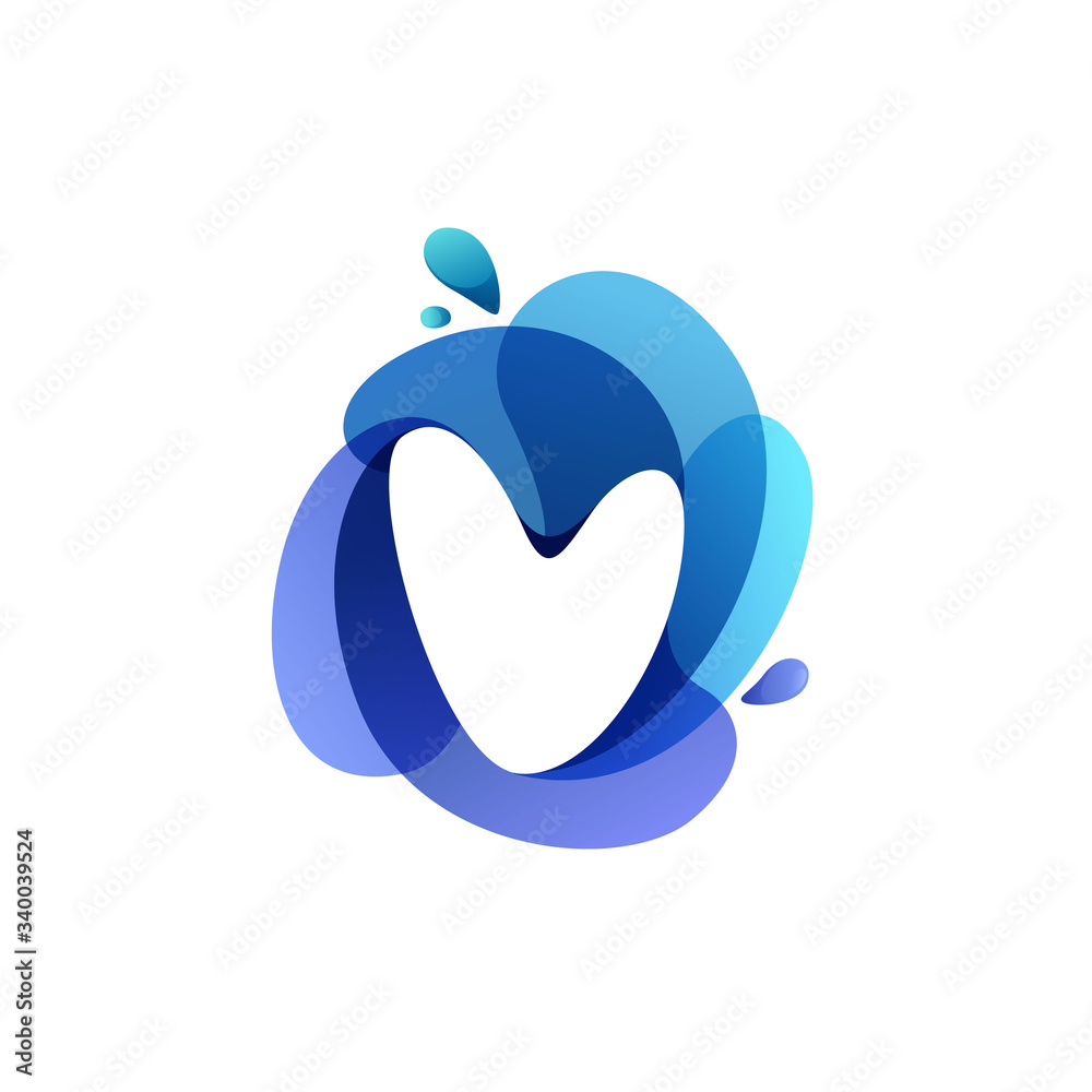 Letter V pure water logo. Swirling overlapping shape with splashing drops. Letter V pure water logo. Swirling overlapping shape with splashing drops.
