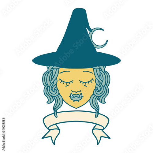 half orc witch character face with banner illustration